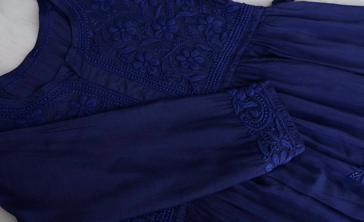 Aafiyat Pure Muslin Royal Blue Chikankari Fit and Flare dress