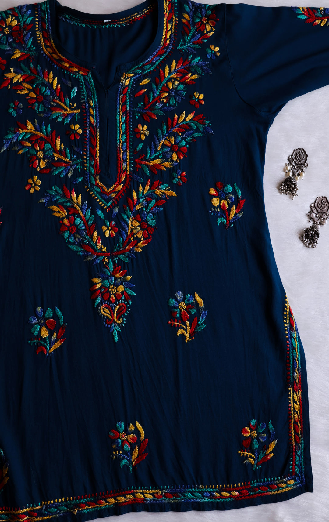 Maaham Navy Blue & Multicoloured Short Rayon Kurta