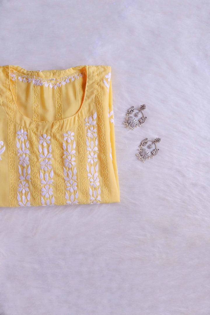 Maliha Yellow Cotton Schiffli long kurta