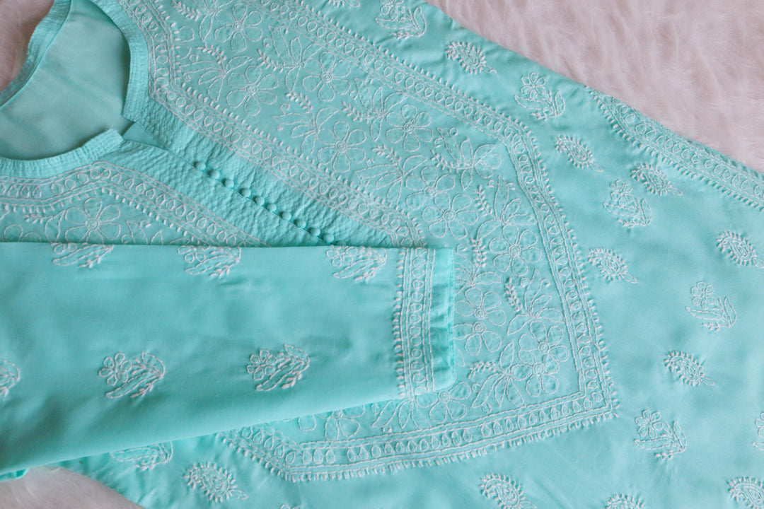 Zahrah Mint Green Cotton Mulmul long kurta