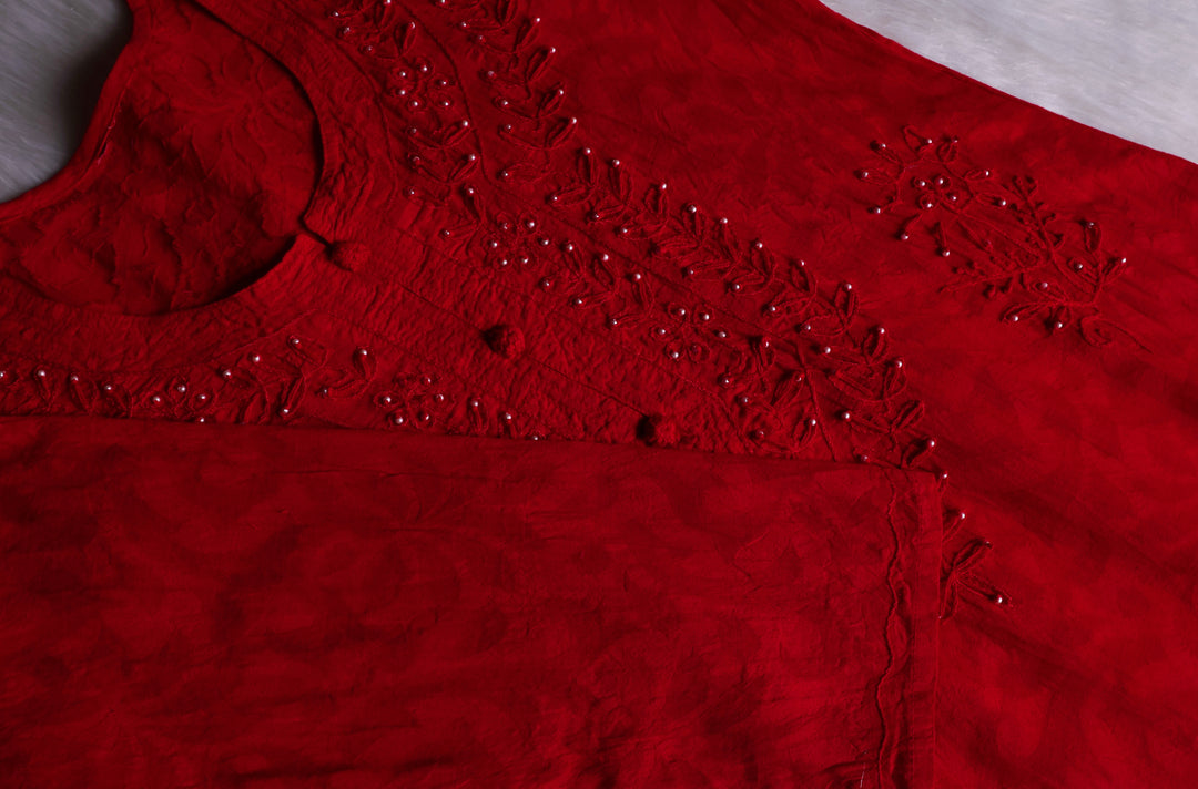 Red Long Jacquard Pearl Cotton kurta