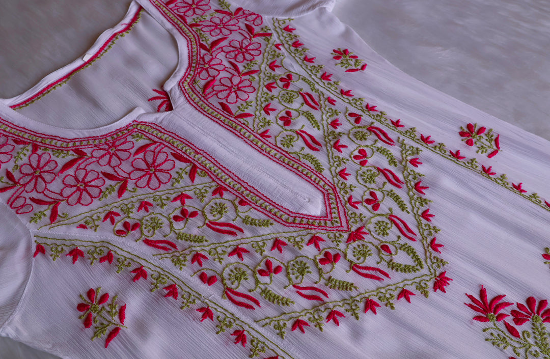 Hoorain White, Pink & Green Pure Chiffon Kurta