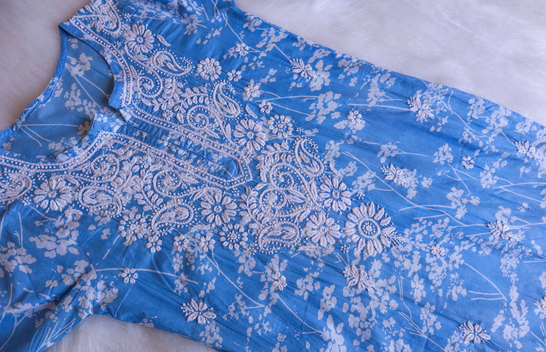 Farhaa Ice Blue Floral Long MulMul kurta