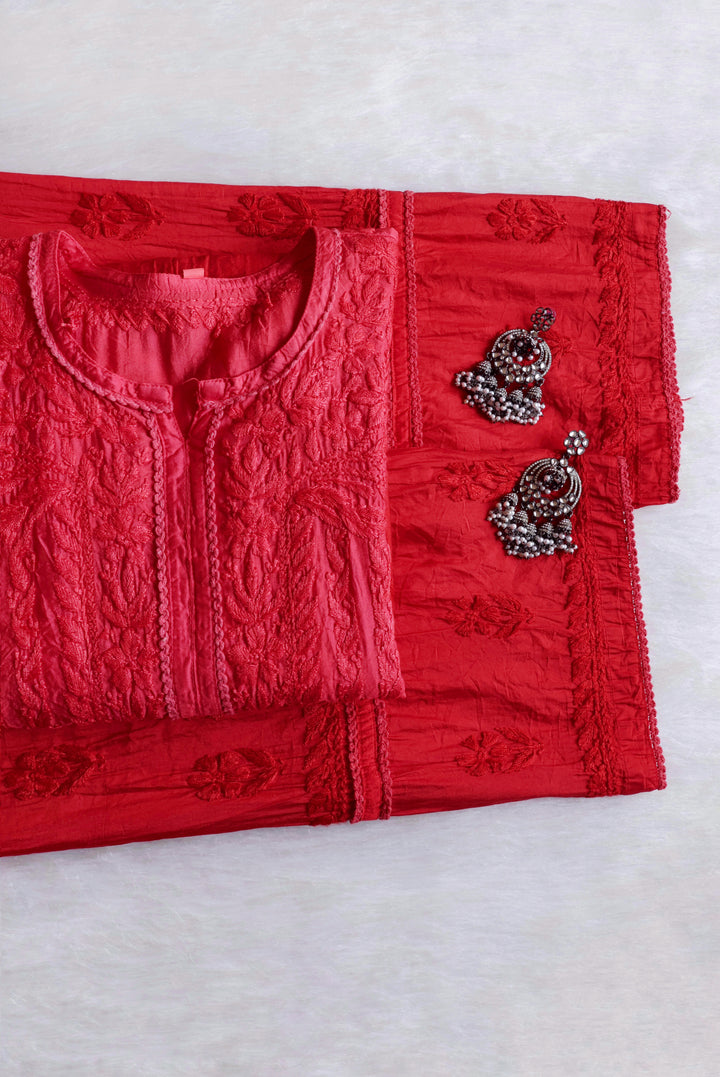 Ruhaab Coral Red Pure Chanderi set