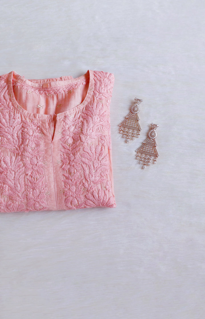 Nazakat Rose Beige Premium Long Chanderi Kurta