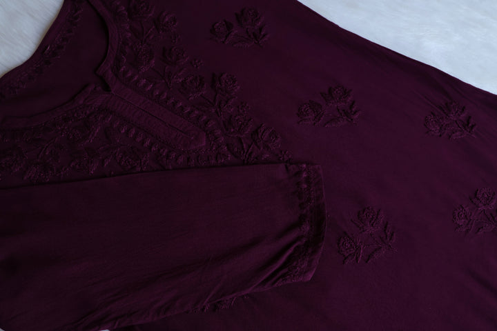 Gul Plum Short Rayon Kurta - Noor Chikankari