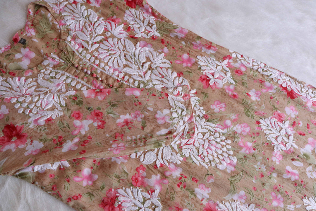 Abiha Beige & Pink Floral Luxe MulMul kurta