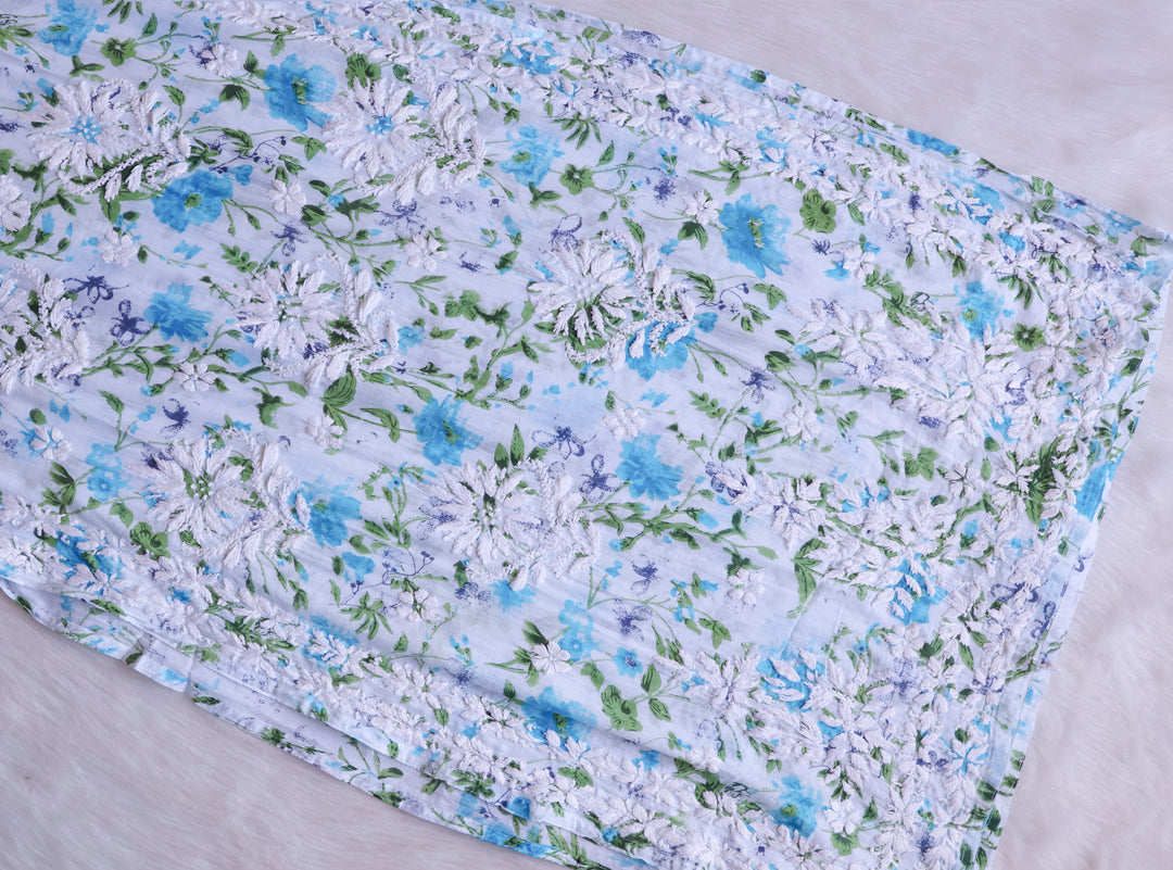 Amna White & Blue Floral Long MulMul kurta