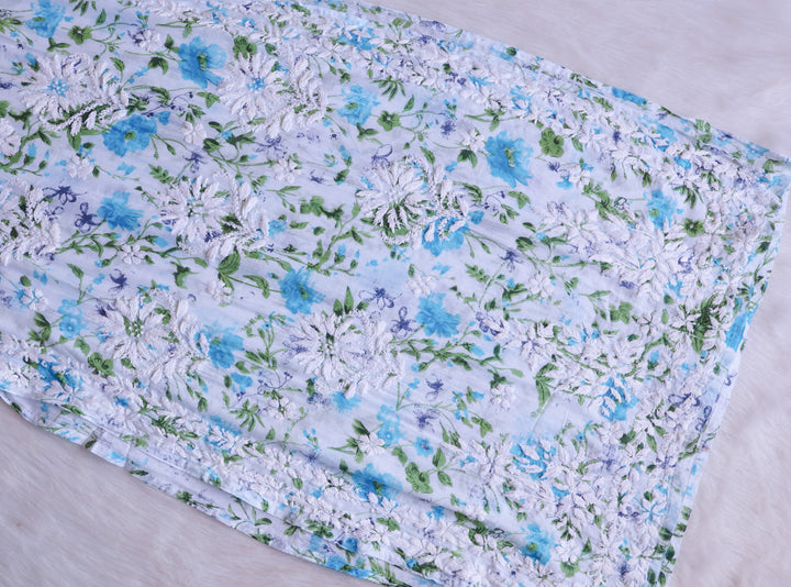 Amna White & Blue Floral Long MulMul kurta