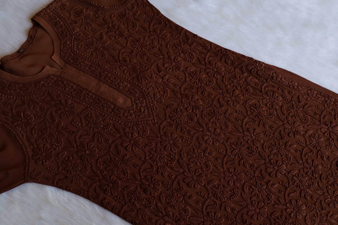 Alayna Chocolate Brown Jaal Viscose Georgette Kurta - Noor Chikankari