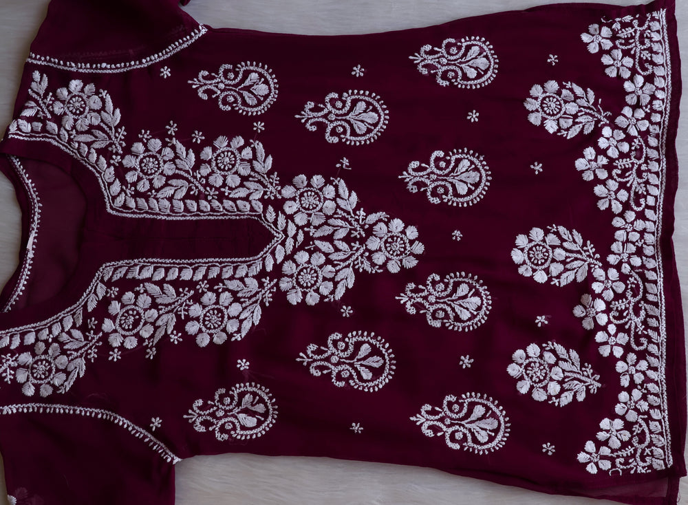 Zaira Deep Plum & White Short Georgette Kurta - Noor Chikankari