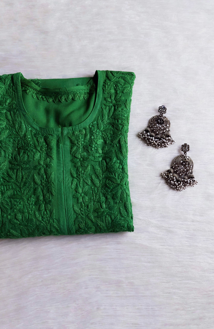 Gul Deep Green Scalloped Long Rayon Kurta