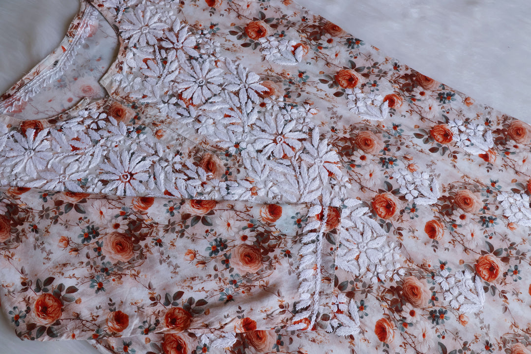 Gulbahaar Beige Floral Long Rayon kurta - Noor Chikankari