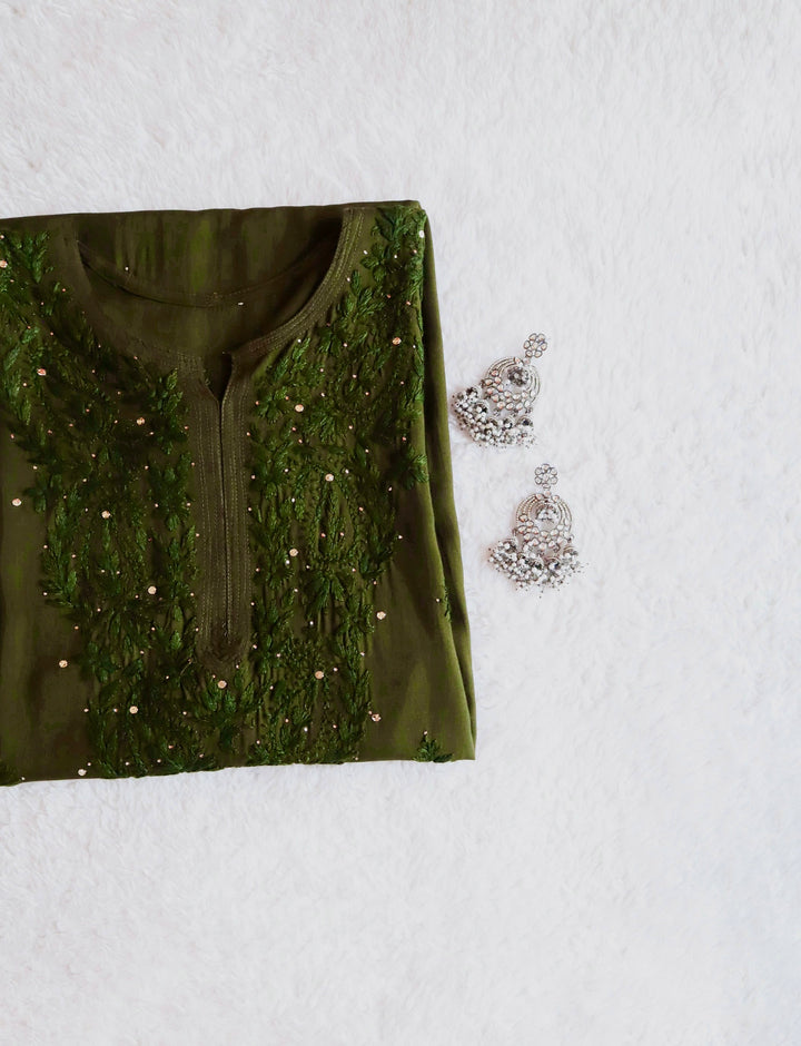 Moss Green Rayon mukaish Long Kurta