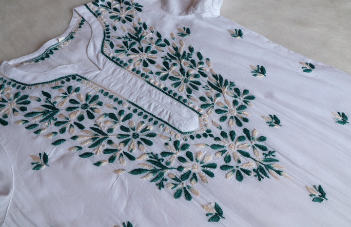 Gul Kashmiri White & Teal Pure Cotton Kurta