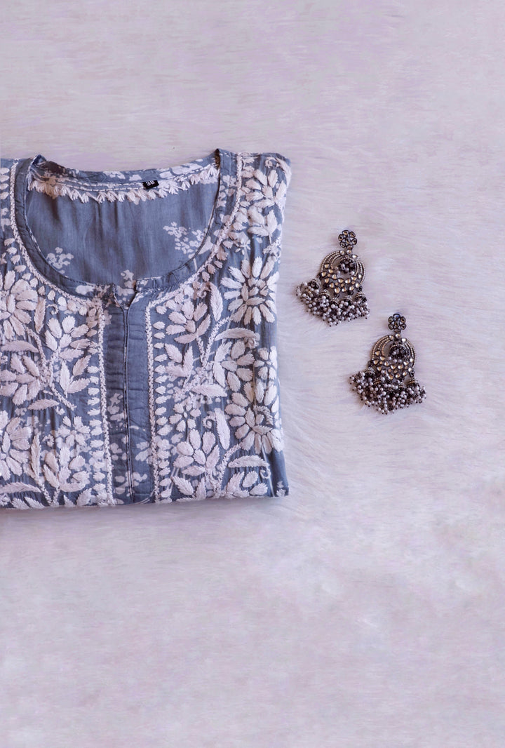 Farhaa Grey Floral Long MulMul kurta