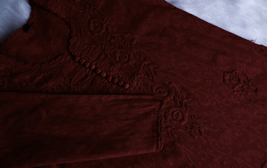 Chocolate Brown long Jacquard Cotton kurta