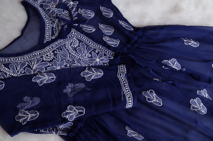 Navy Blue & White Georgette Angrakha frock