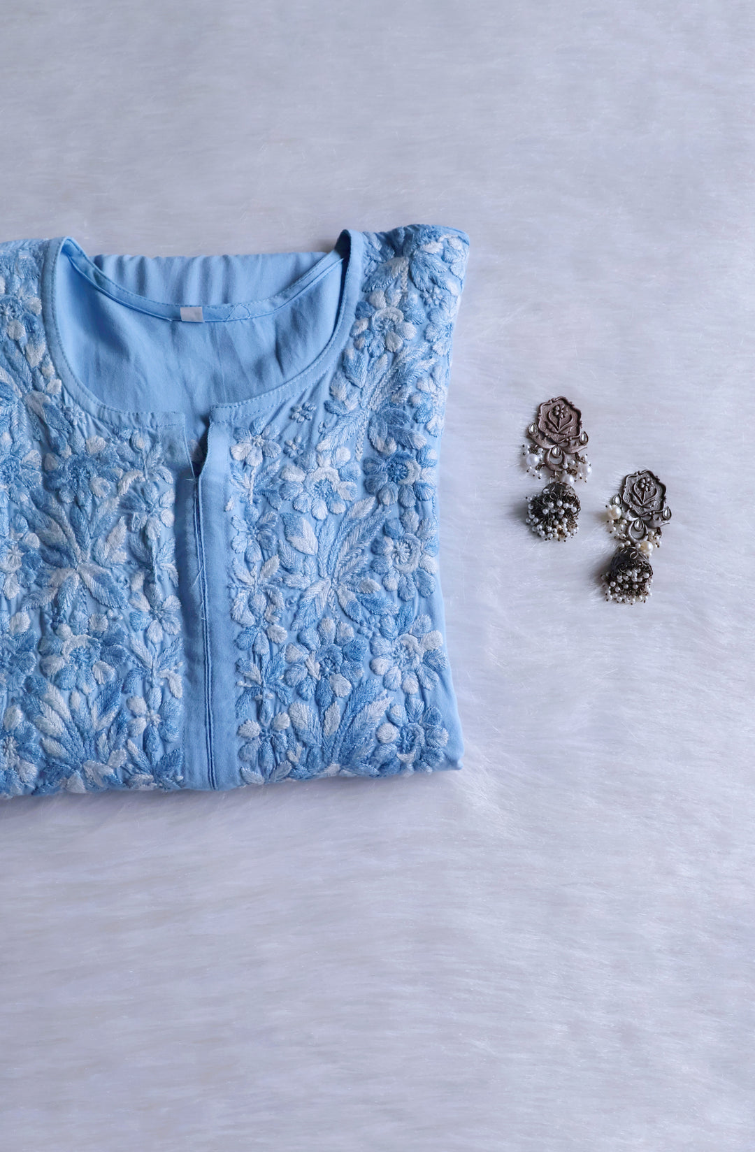 Nuresa Ice Blue Ombre Thread Long Rayon Kurta