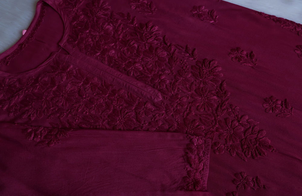 Sanam Plum Ombre Long Rayon Kurta - Noor Chikankari
