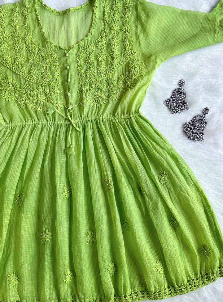 Daania Lime Green Kota Pearl short Frock