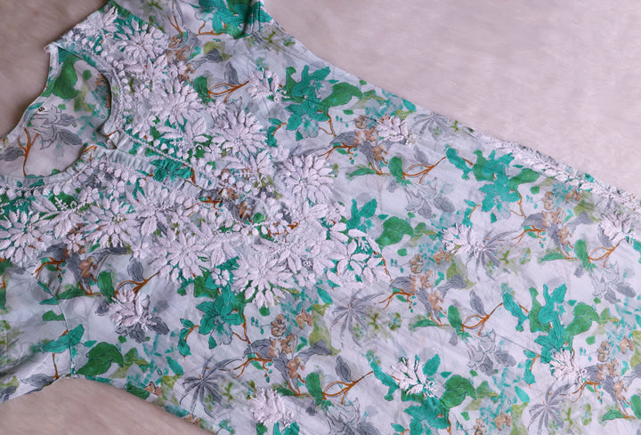 Maahgul Mint Green Floral Long MulMul kurta