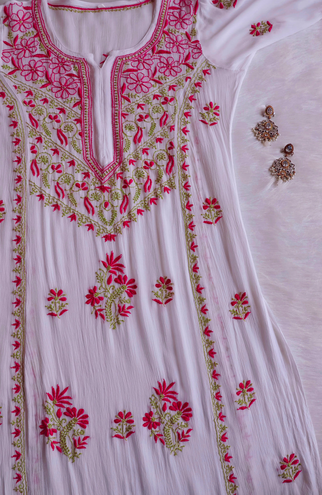 Hoorain White, Pink & Green Pure Chiffon Kurta