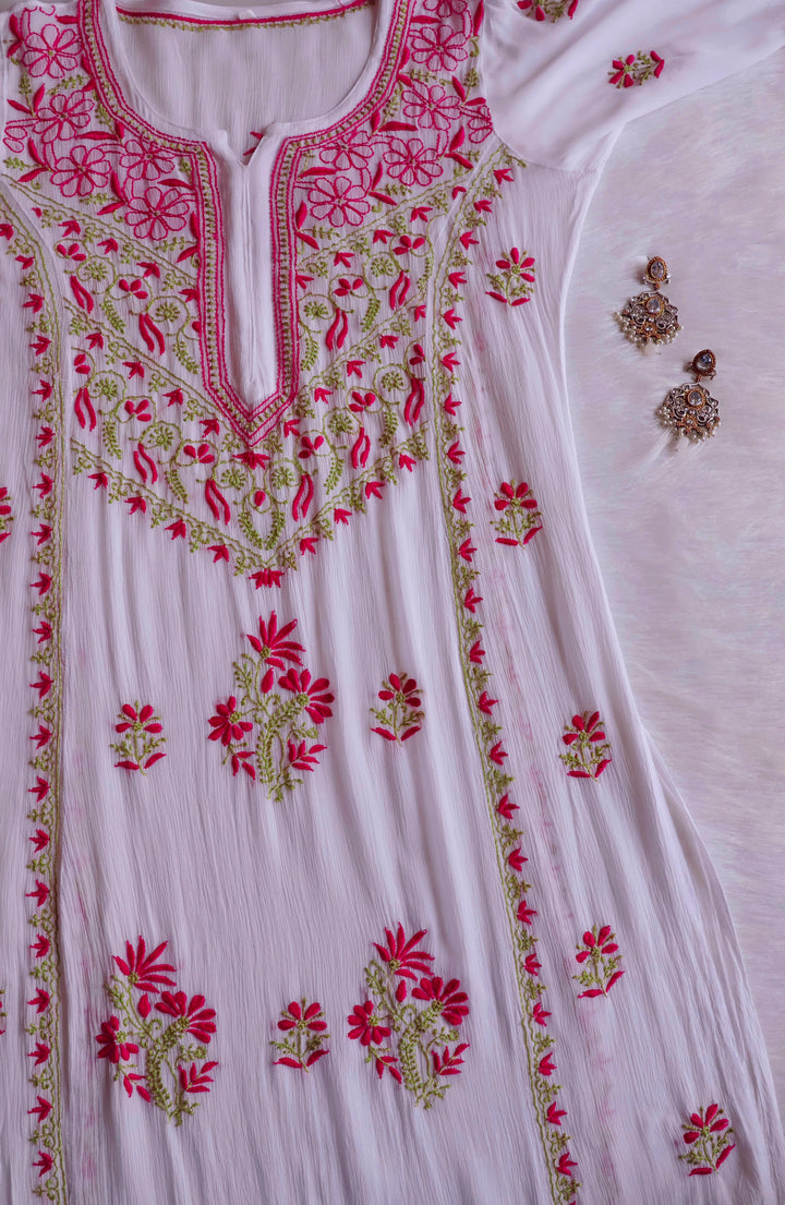 Hoorain White, Pink & Green Pure Chiffon Kurta