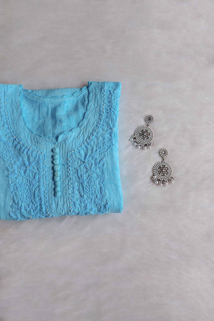Sky Blue Long Jacquard Pearl Cotton Kurta