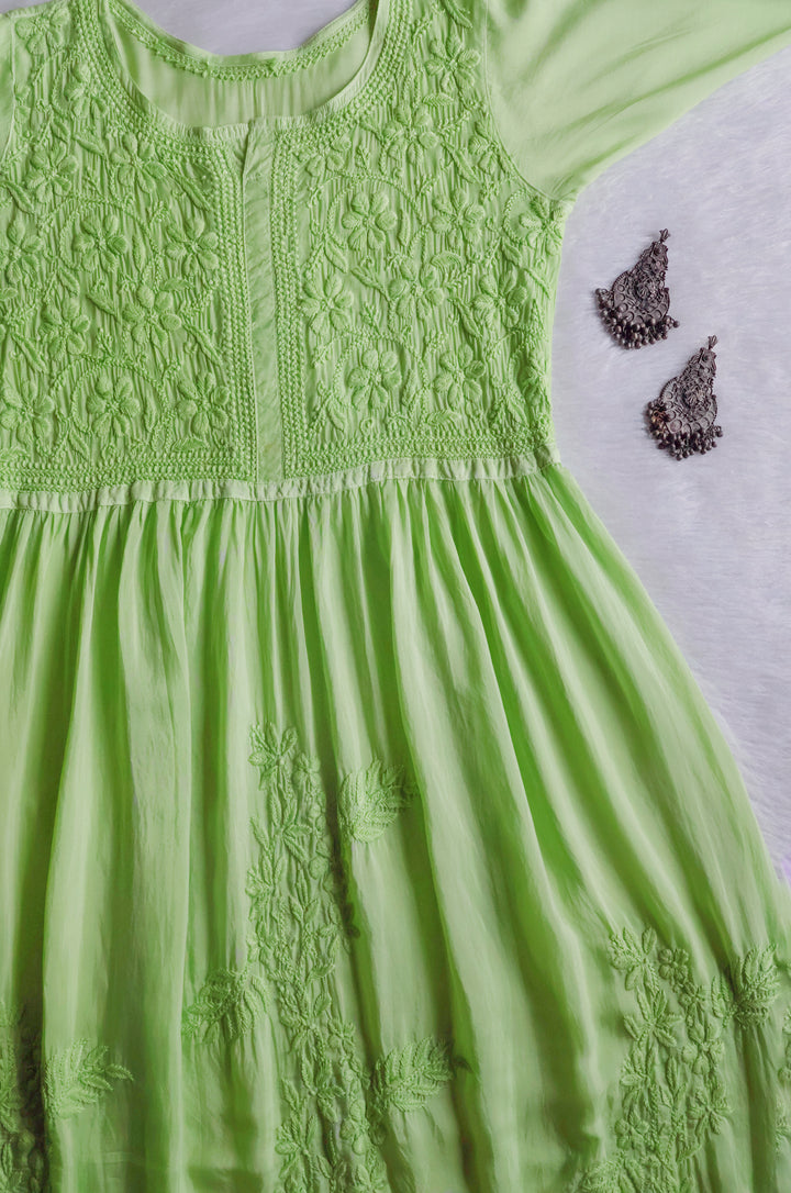 Aafiyat Pure Muslin Lime Green Chikankari Fit and Flare dress