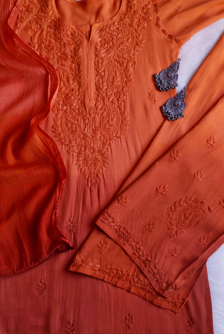 Laila Rust Ombre Rayon 3 Piece Set - Noor Chikankari