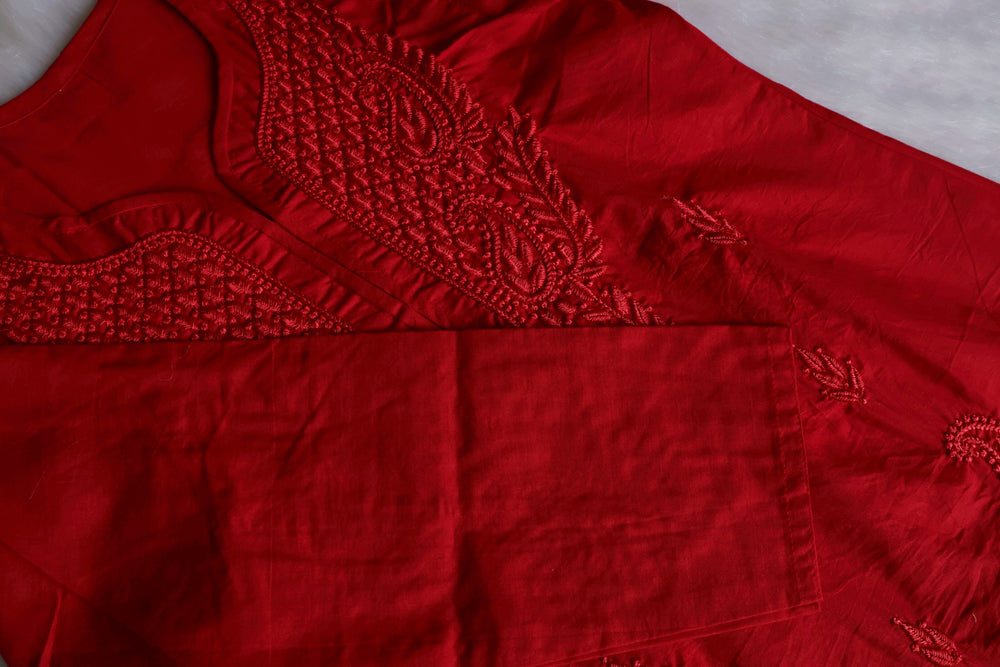 Zahra Red Cotton Kurta - Noor Chikankari