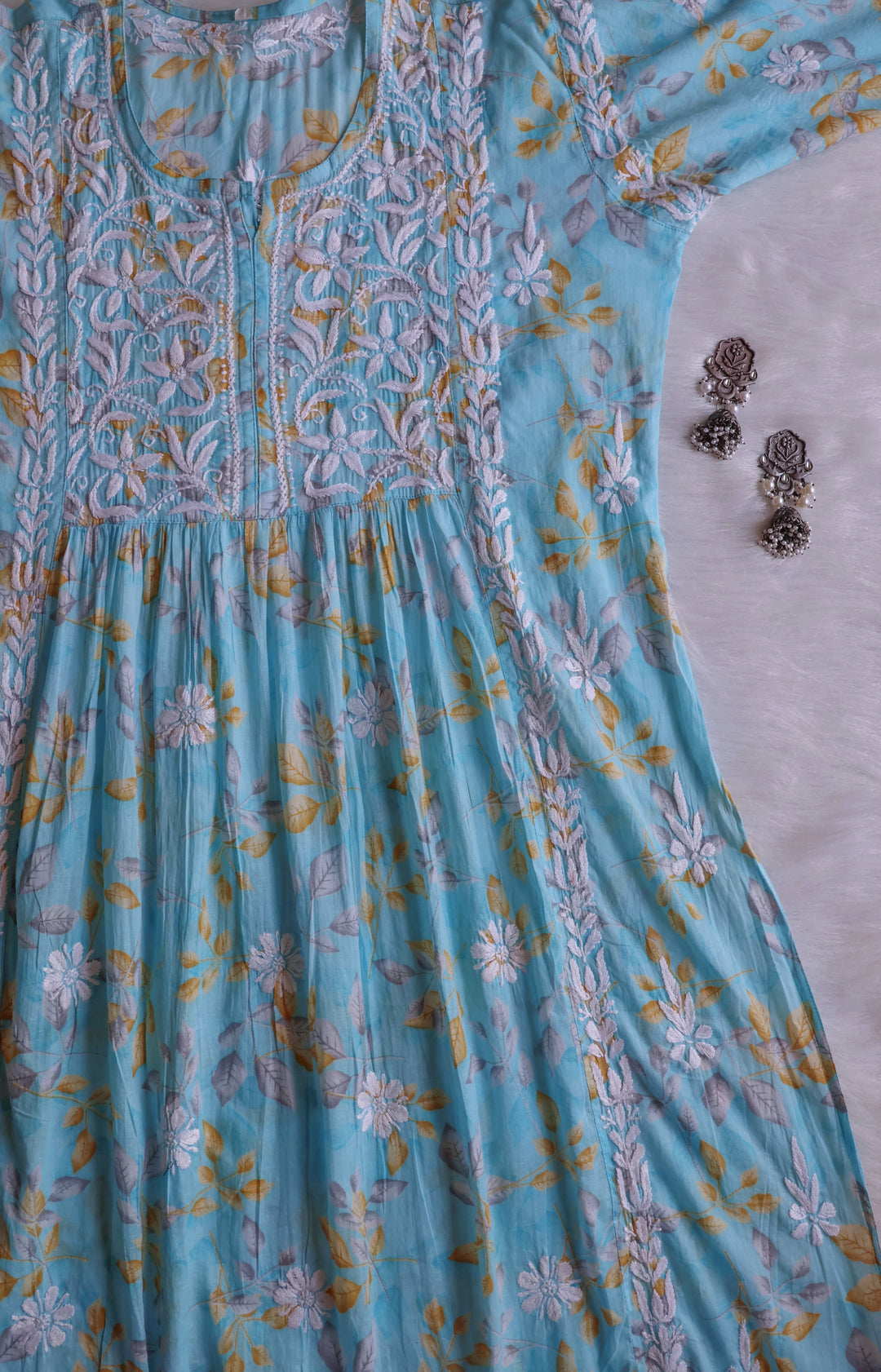 Ayra Sky Blue Floral Mulmul Nyra Cut Dress - Noor Chikankari