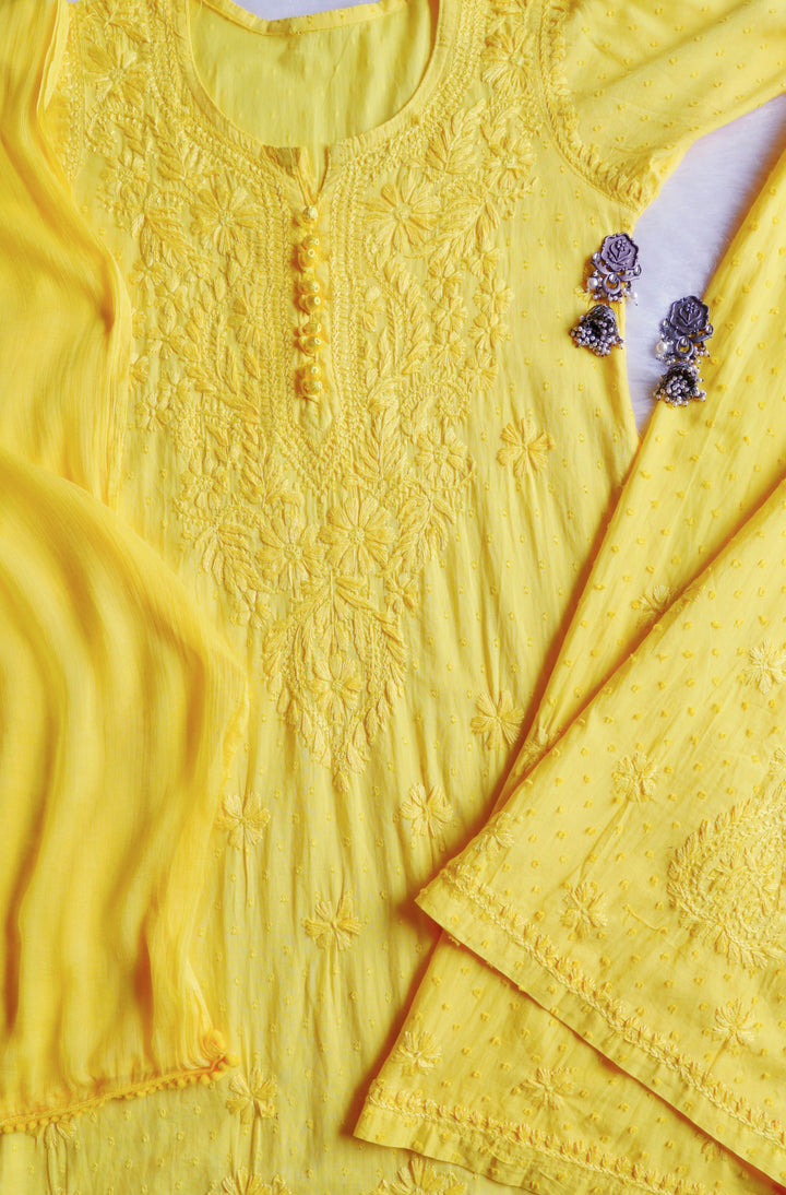 Nazakat Lemon Yellow 3 Piece Cotton Kurta set