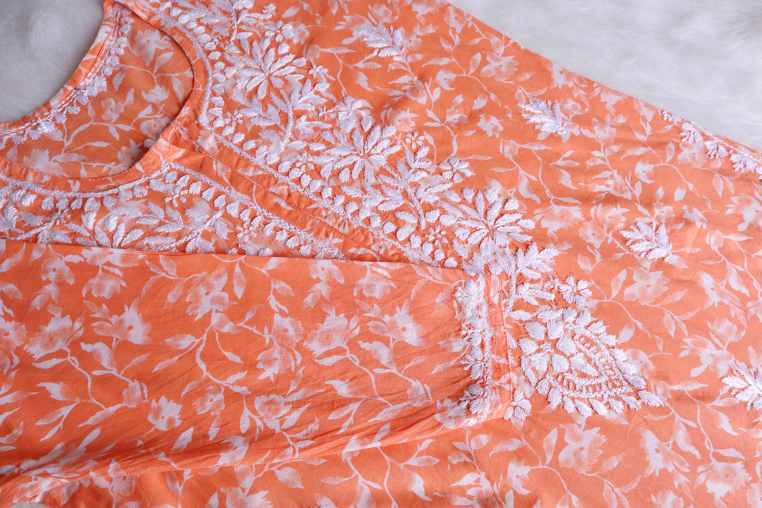 Nazakat Peach Floral Long MulMul kurta