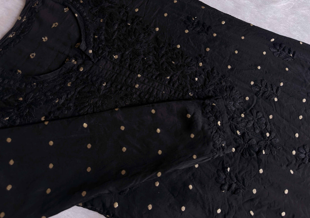 Nazakat Black Long Chanderi Kurta