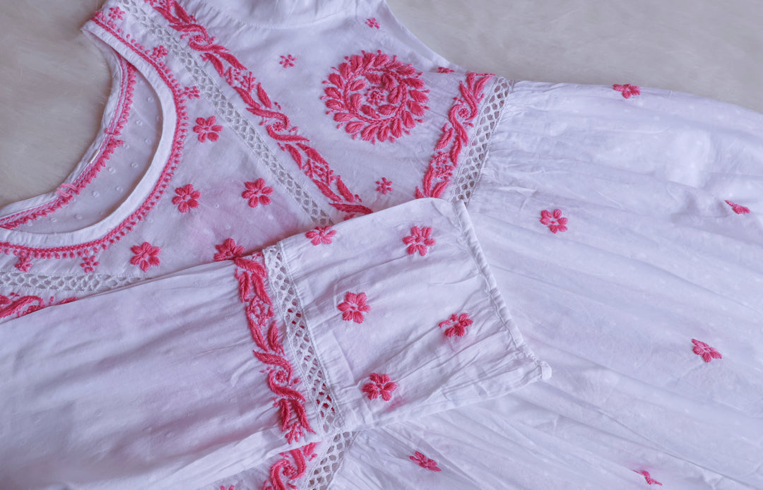 Nazakat White & Pink Cotton Peplum kurta