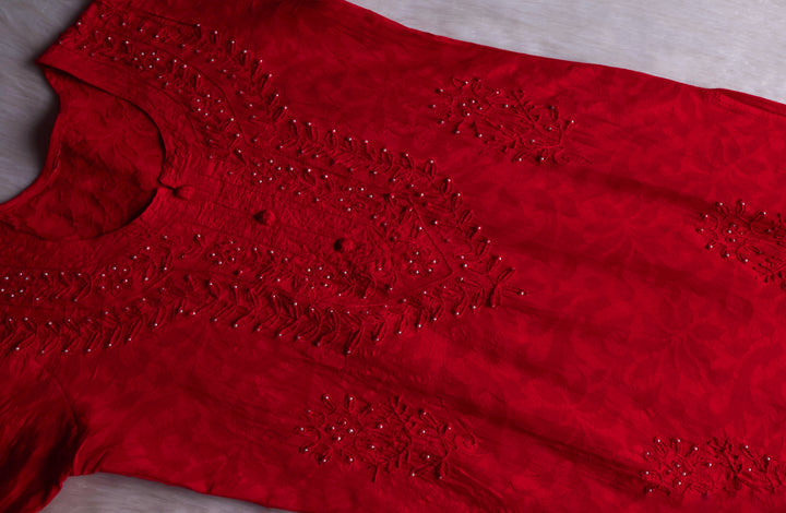 Red Long Jacquard Pearl Cotton kurta