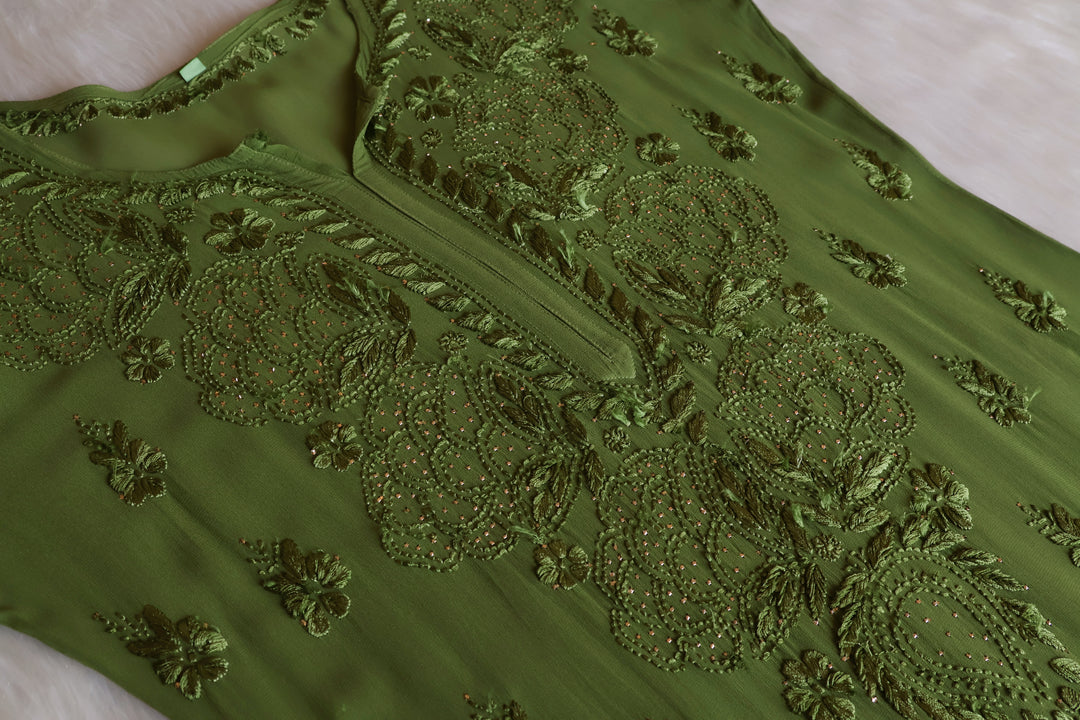 Hanaa Olive Green Viscose Georgette Kurta - Noor Chikankari