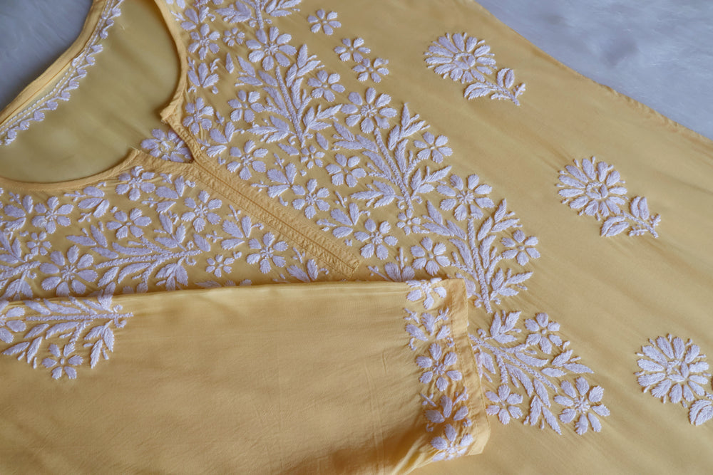 Zahrah Yellow Long Modal kurta - Noor Chikankari