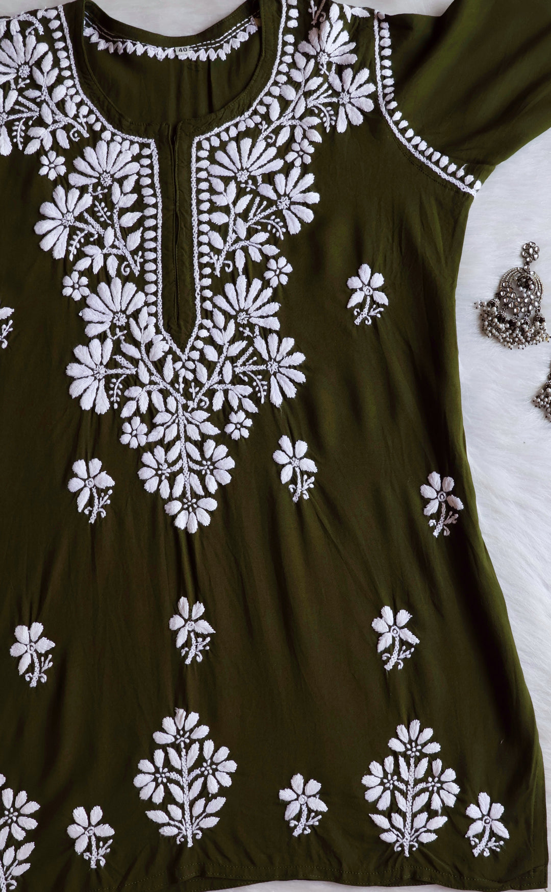 Aayat Olive Green Short Rayon Kurta - Noor Chikankari