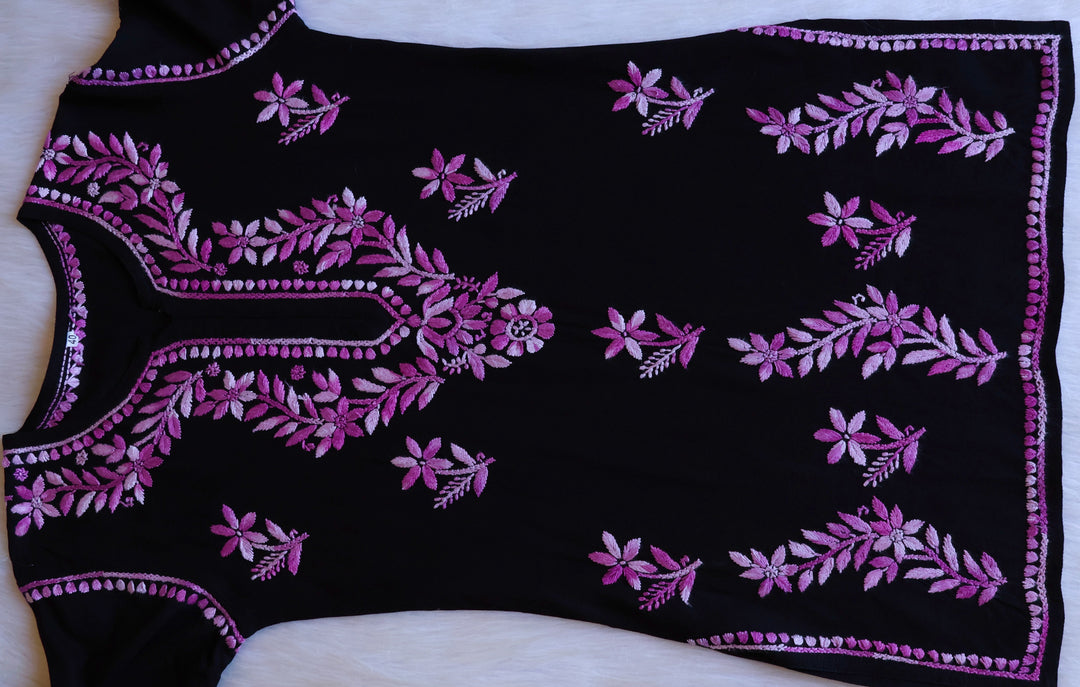 Maaham Black & Lavender Short Rayon Kurta - Noor Chikankari