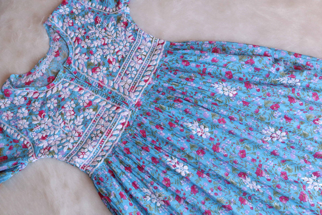 Gul Blue & Pink Floral Mulmul Dress