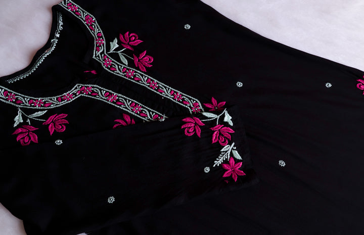 Gul Kashmiri Black & Deep Pink Modal Kurta Set