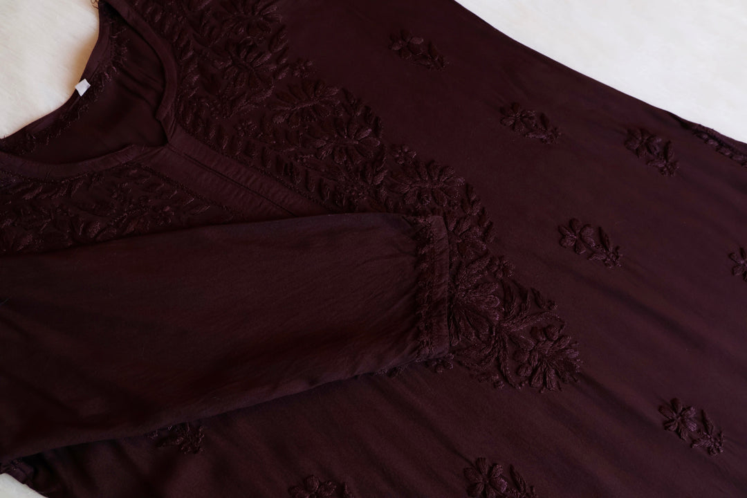 Amirah Chocolate Brown Long Rayon Kurta - Noor Chikankari