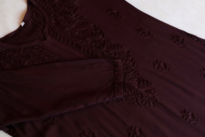Amirah Chocolate Brown Long Rayon Kurta - Noor Chikankari