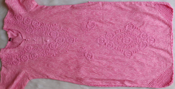 Baby Pink Long Cotton Jacquard Lace kurta - Noor Chikankari