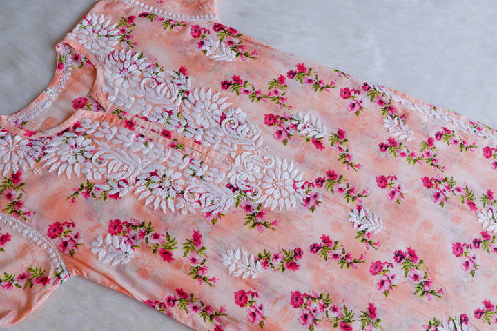 Gul Peach Floral Long MulMul Kurta