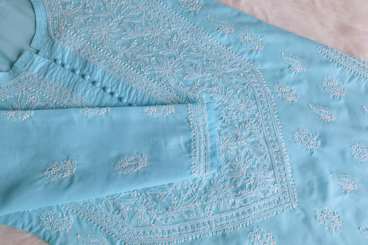 Zahrah Sky Blue Cotton Mulmul long kurta