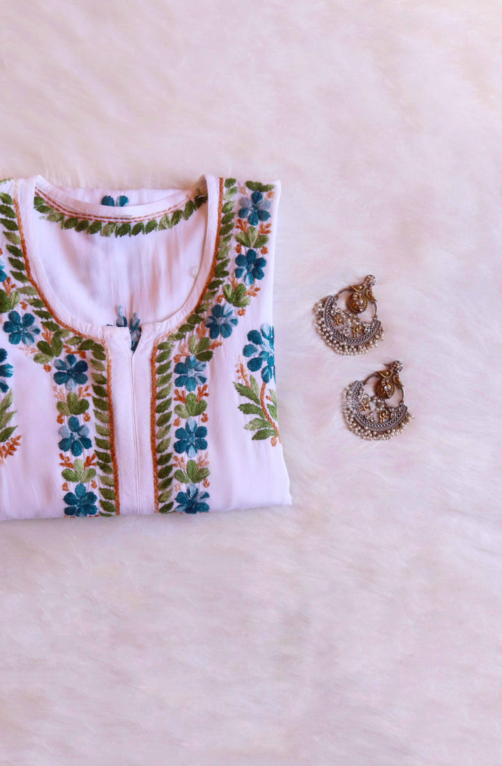 Gul-e-Jahaan White & Peacock Blue Rayon Kurta